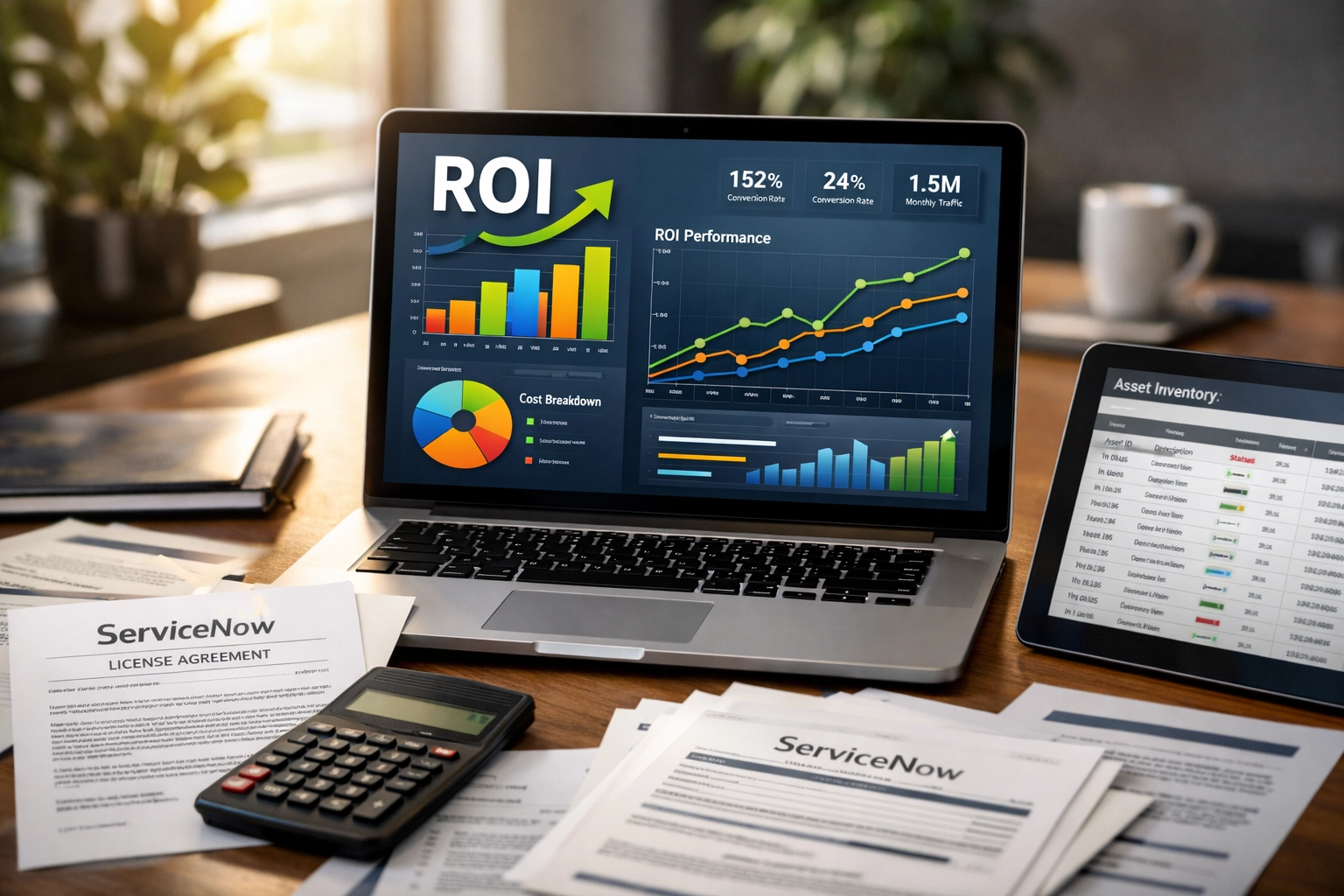 ServiceNow ITAM analytics dashboard displaying ROI metrics and license optimization opportunities