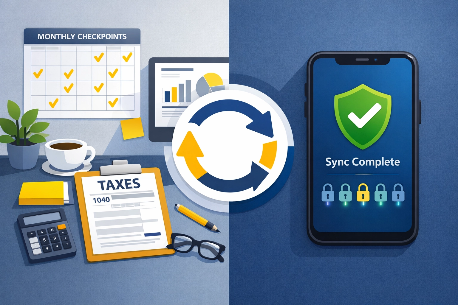 Illustration of secure real-time tax collaboration and document syncing to ensure refund accuracy.