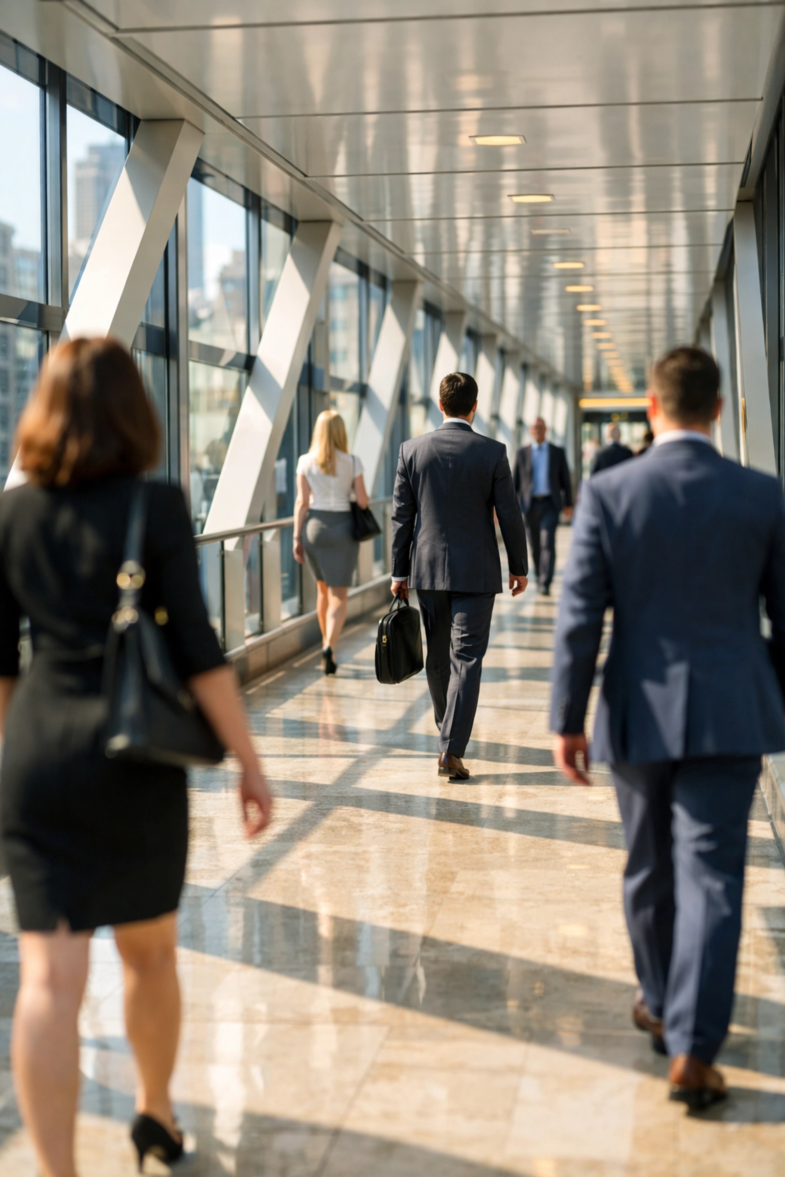 Business professionals walking through a modern Des Moines skywalk during morning office hours.