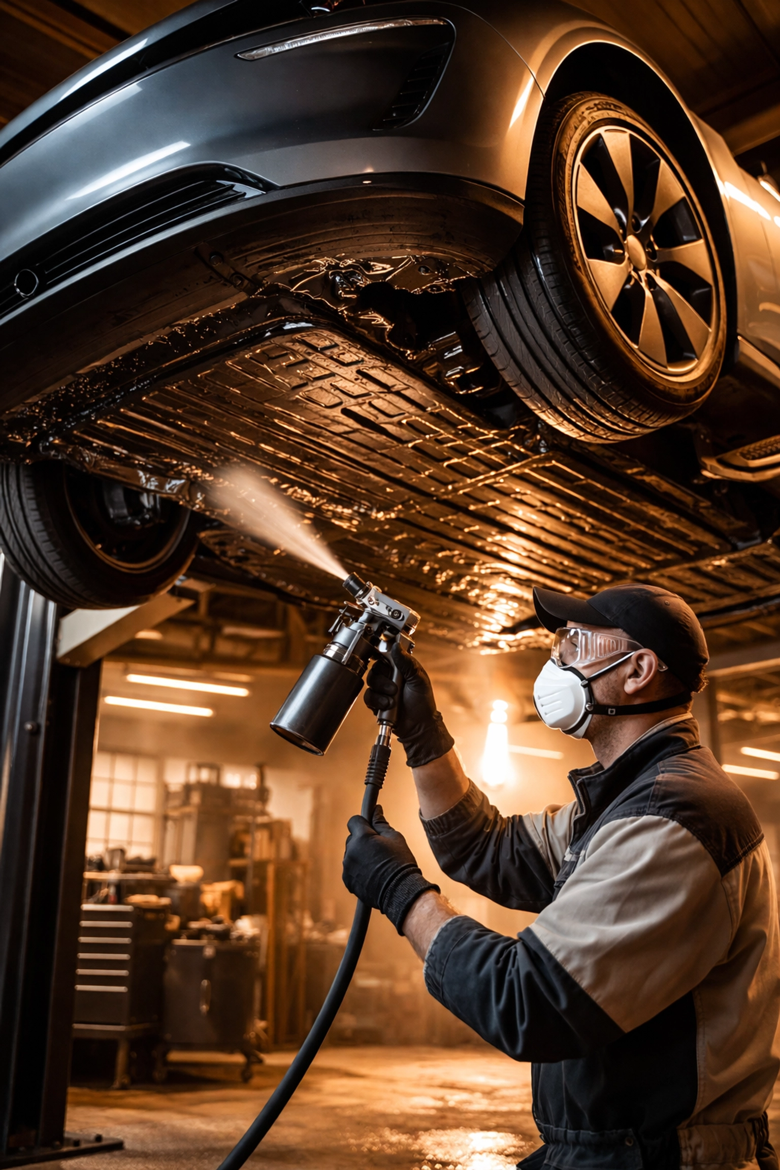 Technician applying rustproofing treatment to electric vehicle underbody for rust prevention