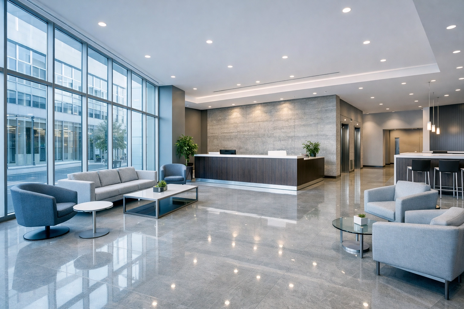 Spotless commercial lobby space ready for occupancy after professional post-construction cleaning