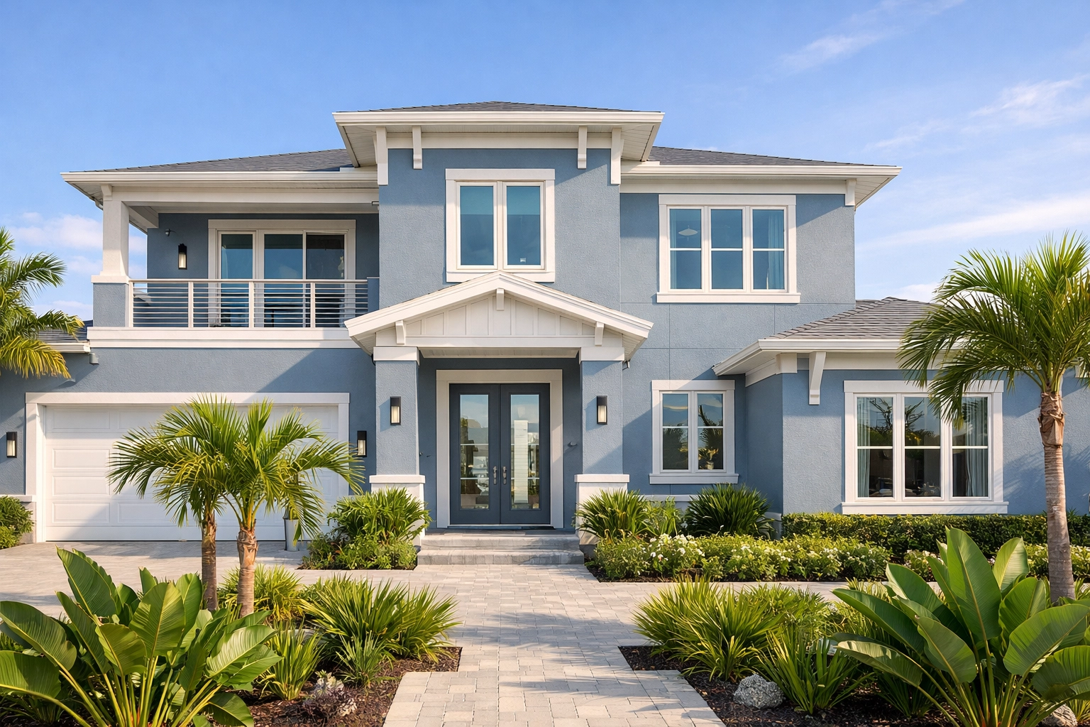 Modern Orlando home with light blue-gray exterior paint and white trim, highlighting home remodeling.