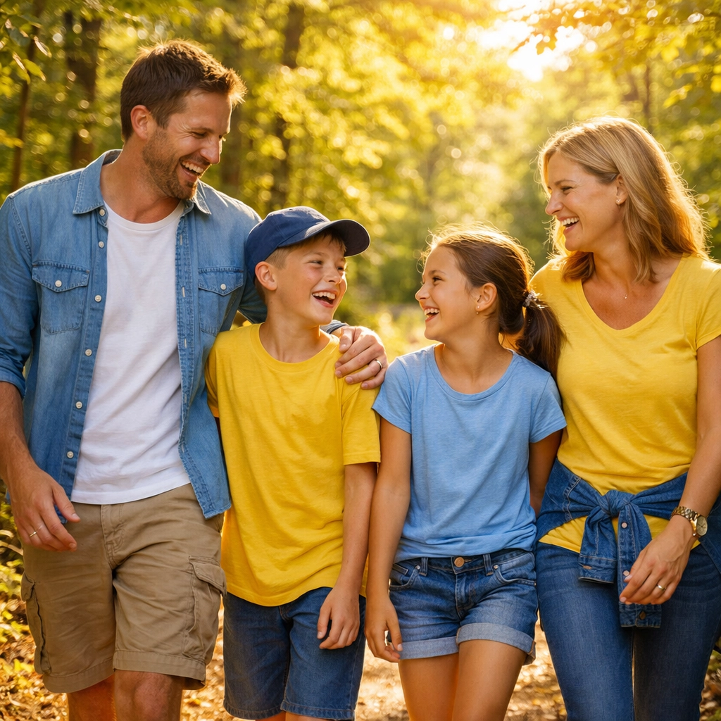 A happy family enjoying a weekend walk in Stow MA after reclaiming their time with weekly house cleaning.