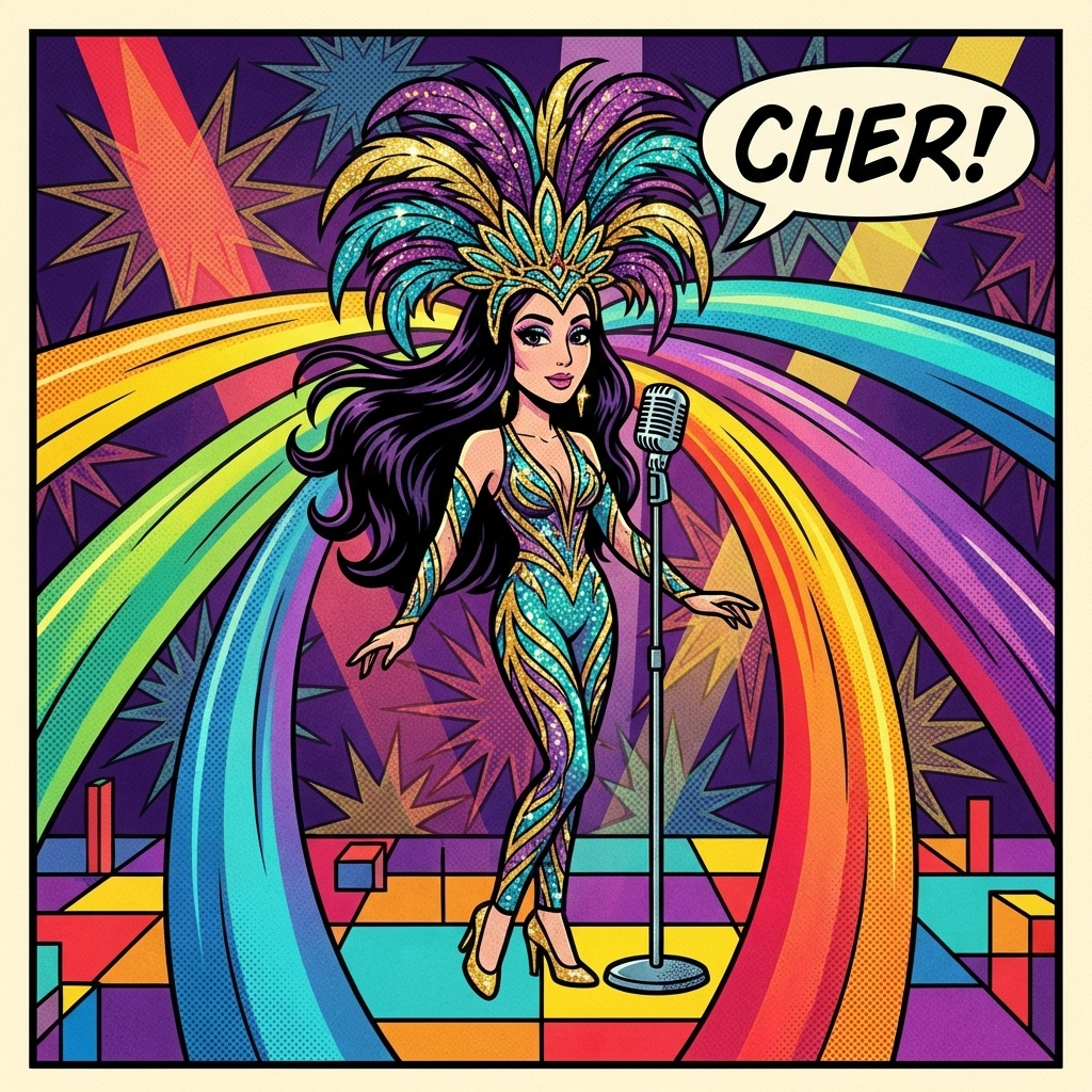 Cher in iconic Bob Mackie costume performing in the 1970s for LGBTQ+ fans