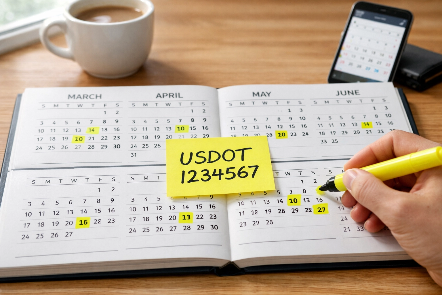 Calendar marked with USDOT biennial update filing deadline dates and schedule