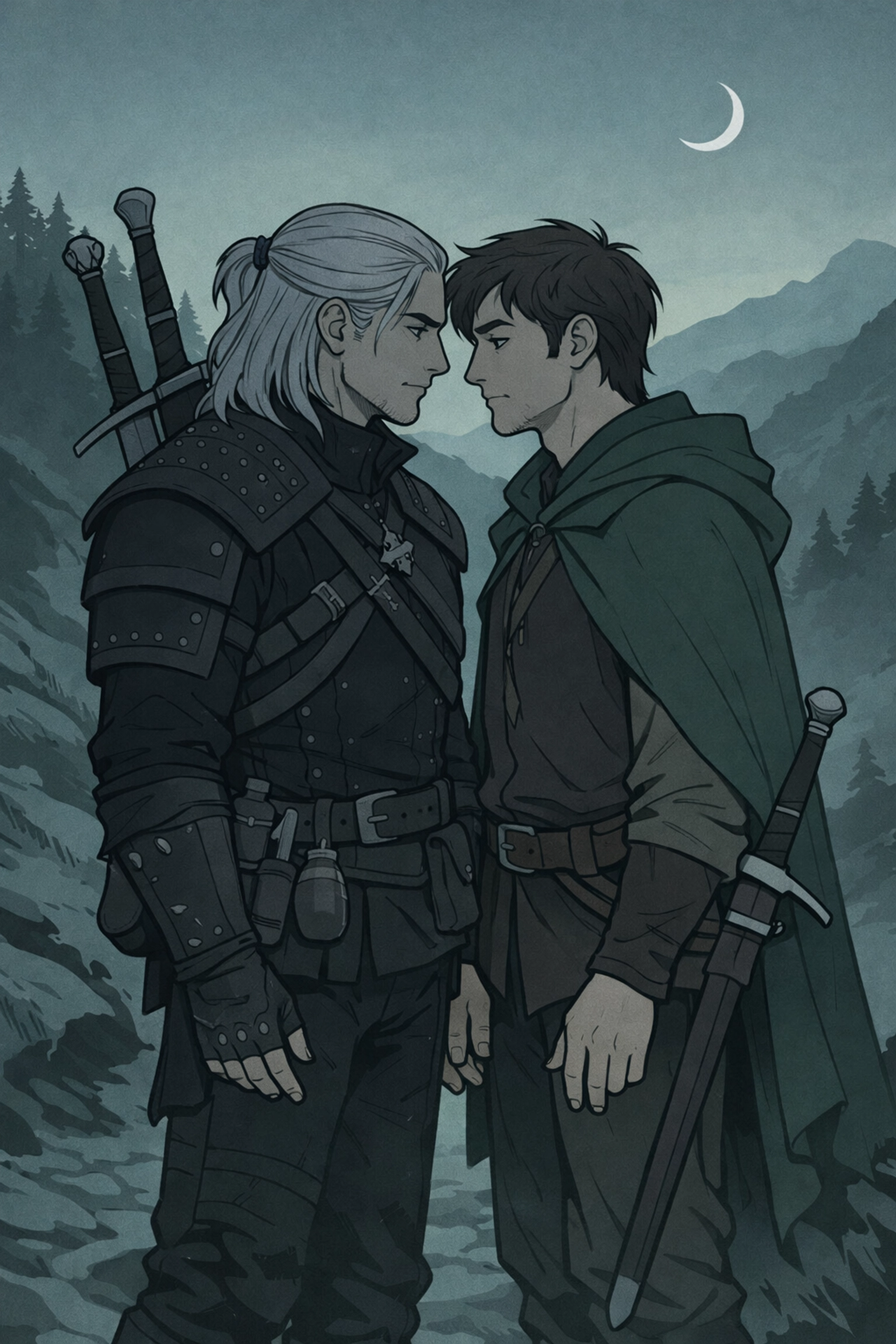 Witcher and male companion on mountain path - gay fantasy romance with emotional tension