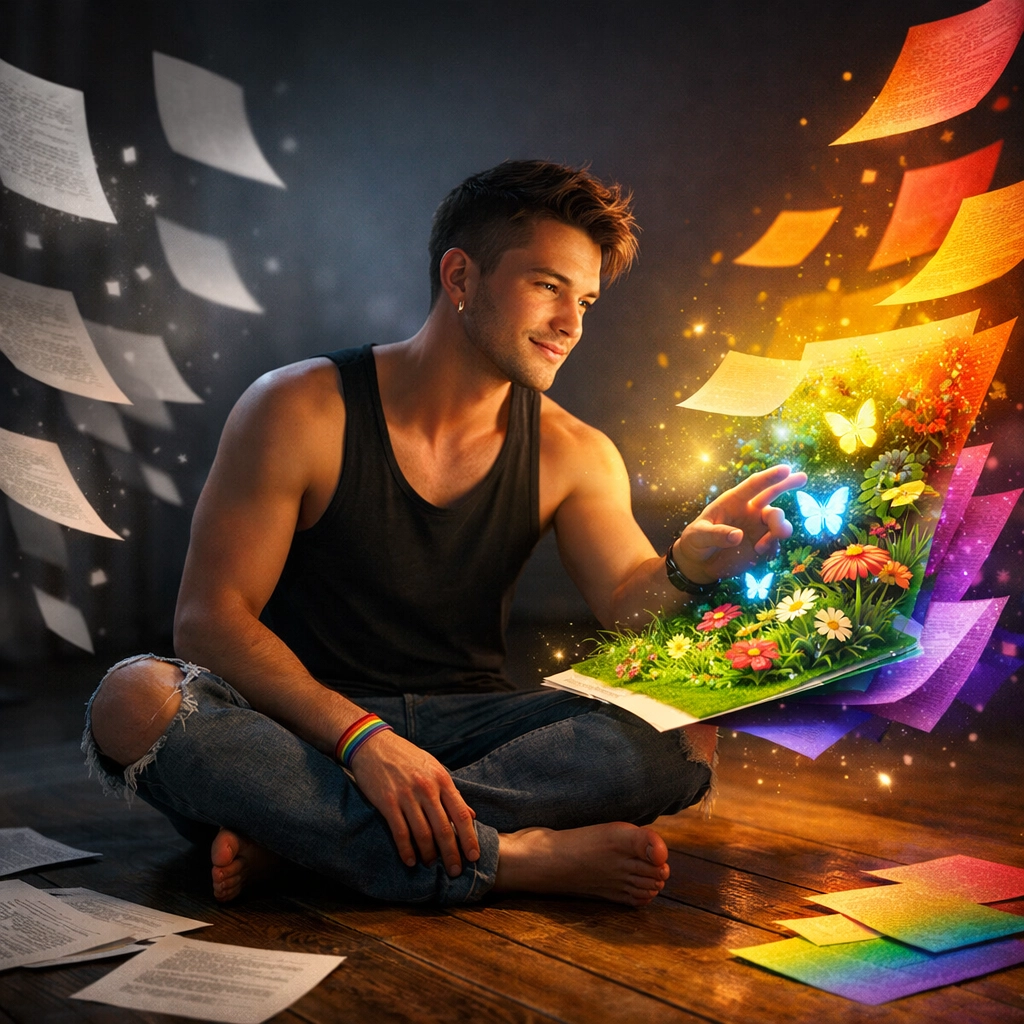 A gay man interacting with glowing book pages, symbolizing queer healing and re-authoring his life story.