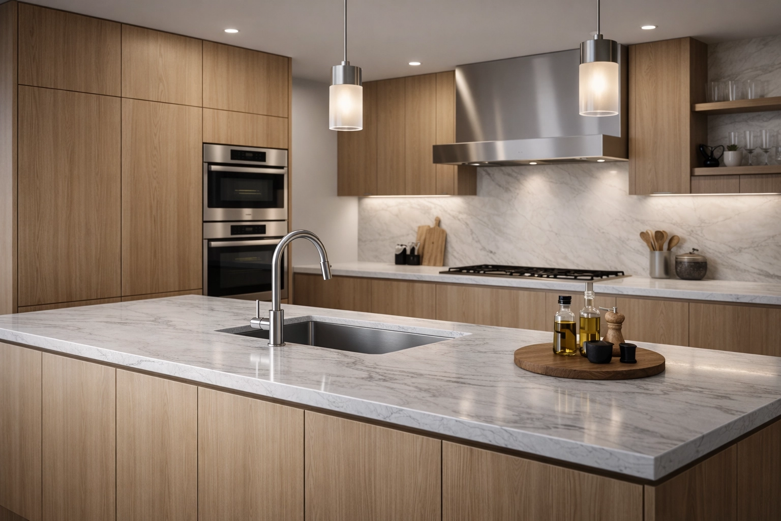 Photorealistic architectural visualisation-style kitchen render with precise cabinetry geometry, realistic wood grain, stone veining, and metal finishes - no people, no overlays
