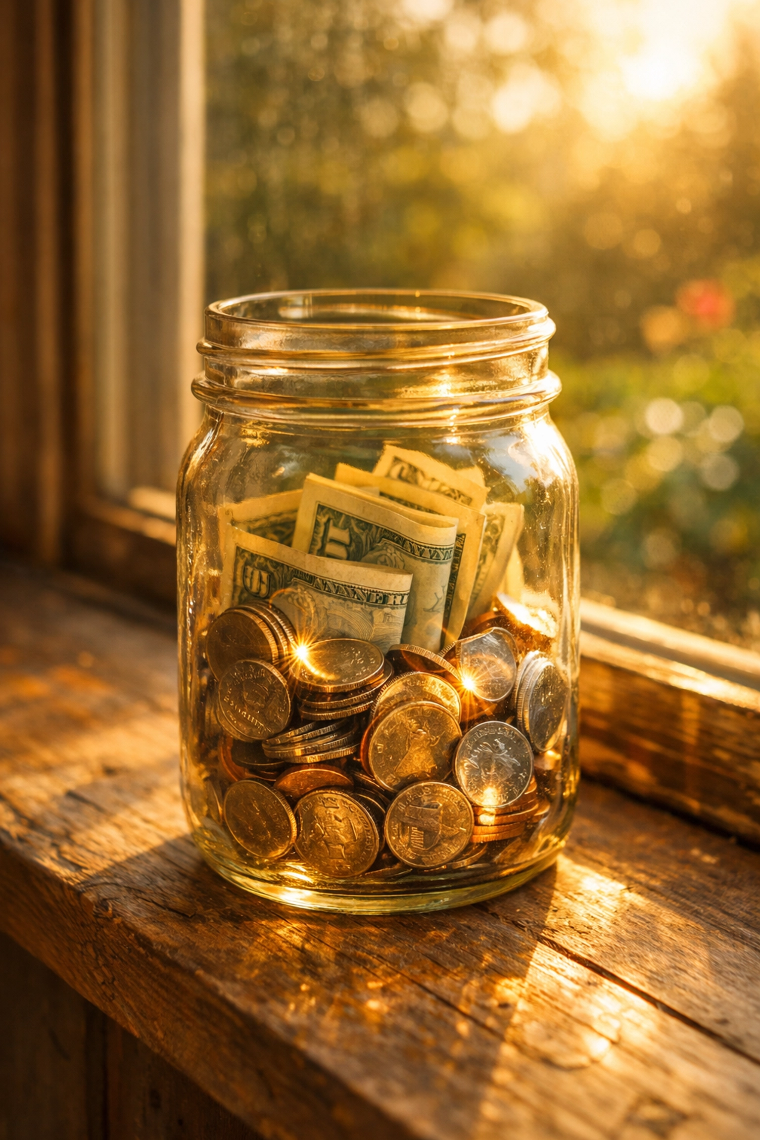 A glass jar filled with cash and coins representing successful money-saving habits and steady financial growth.