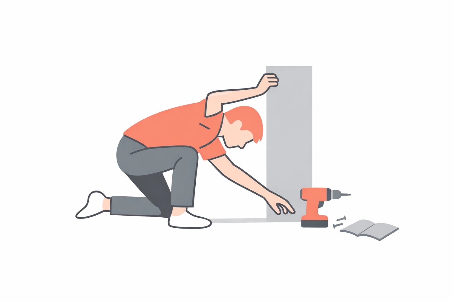 Person struggling in awkward position while assembling furniture with drill and panel