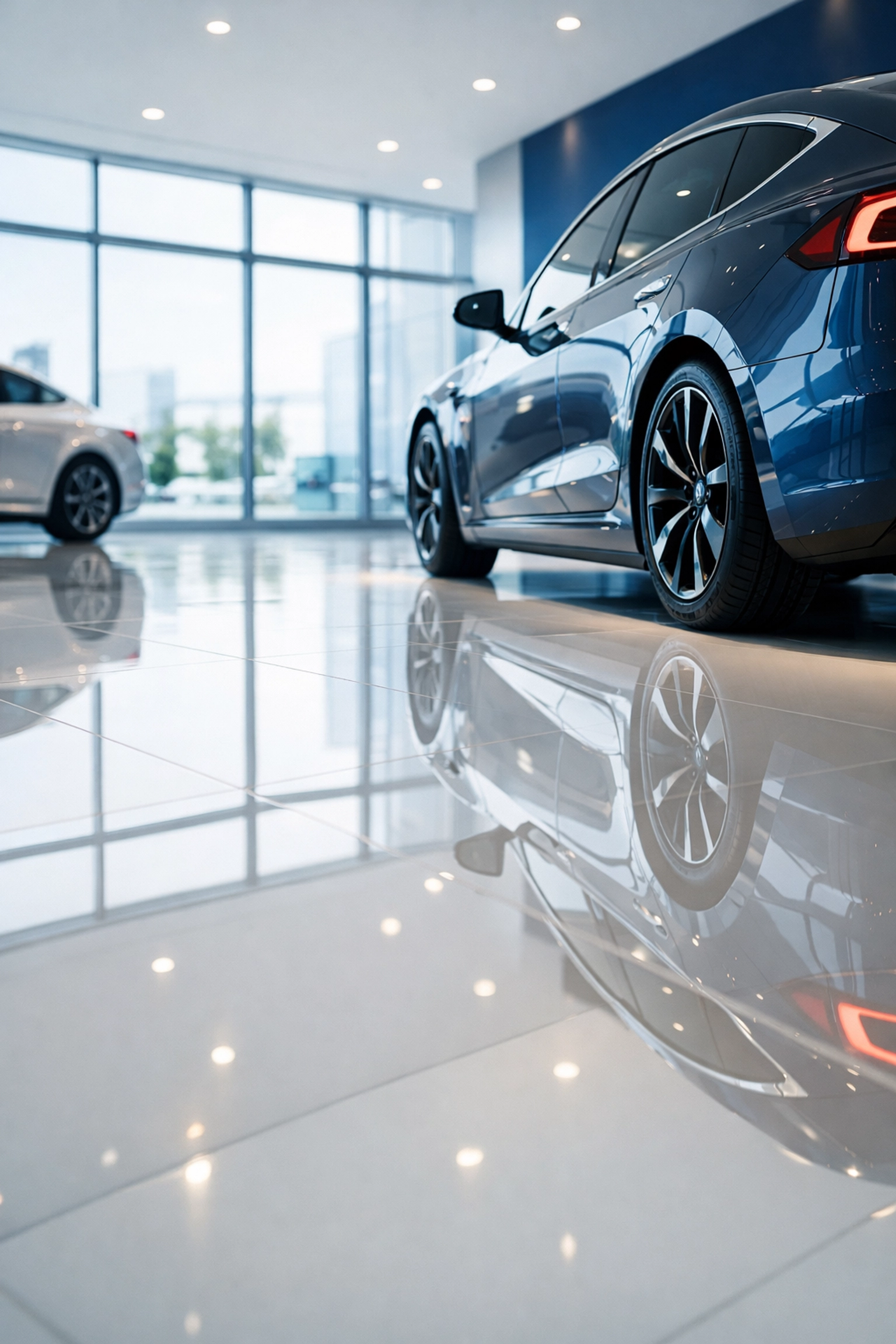 A sparkling car dealership showroom floor with high-gloss tile reflecting a luxury vehicle.