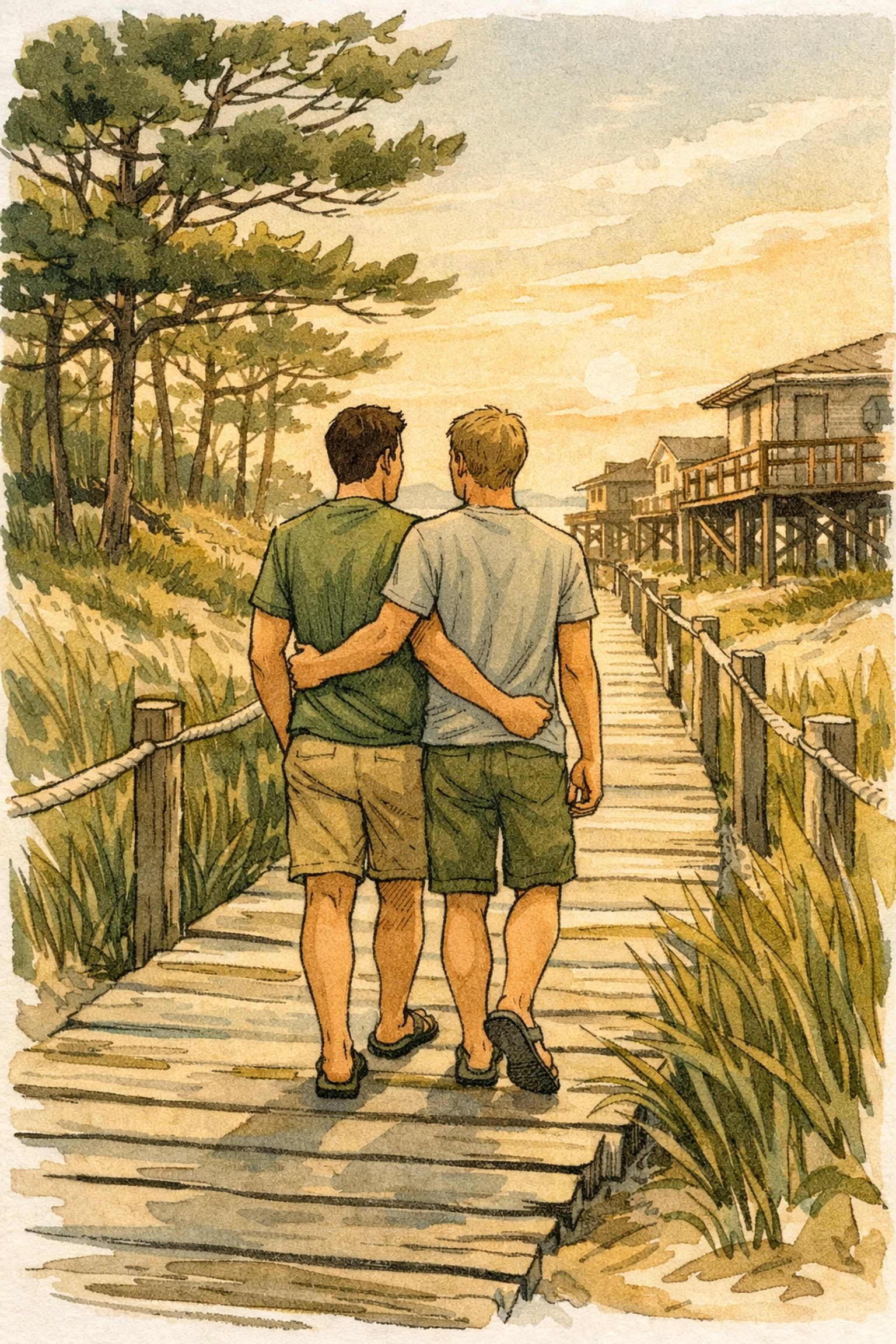 Gay couple walking hand-in-hand on Fire Island Pines boardwalk at golden hour