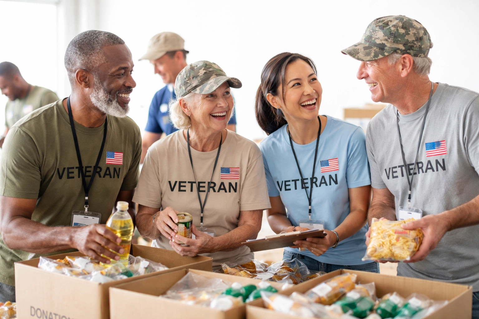 Veterans of all ages volunteering together and sharing camaraderie at a community service event