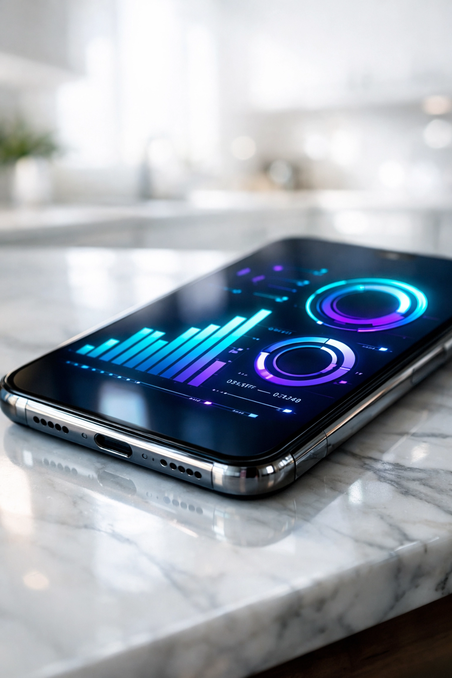 Smartphone on a counter displaying automated market snapshots and real estate data visualizations.