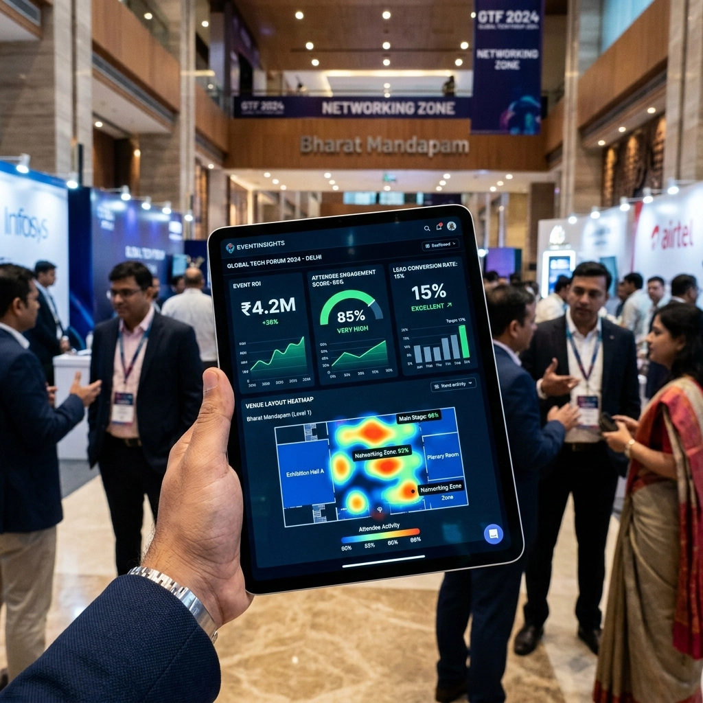 A tablet showing an event ROI and engagement dashboard