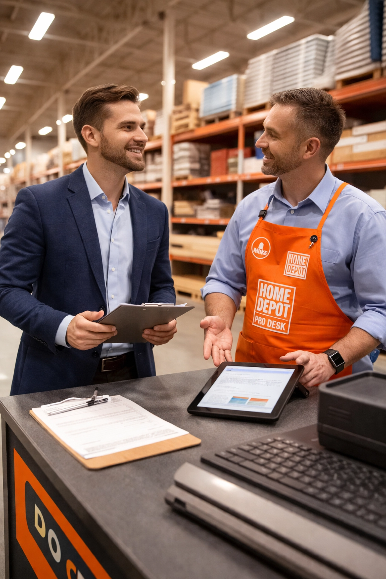 Real estate investor speaking with store pro desk specialist to reduce renovation costs and protect deal margins (investment property search)