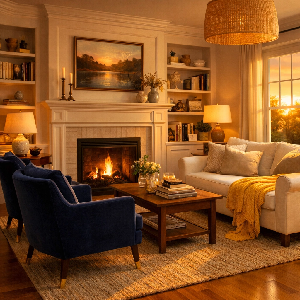 A cozy Wayland living space with a fireplace, creating a clean sanctuary for the weekend.