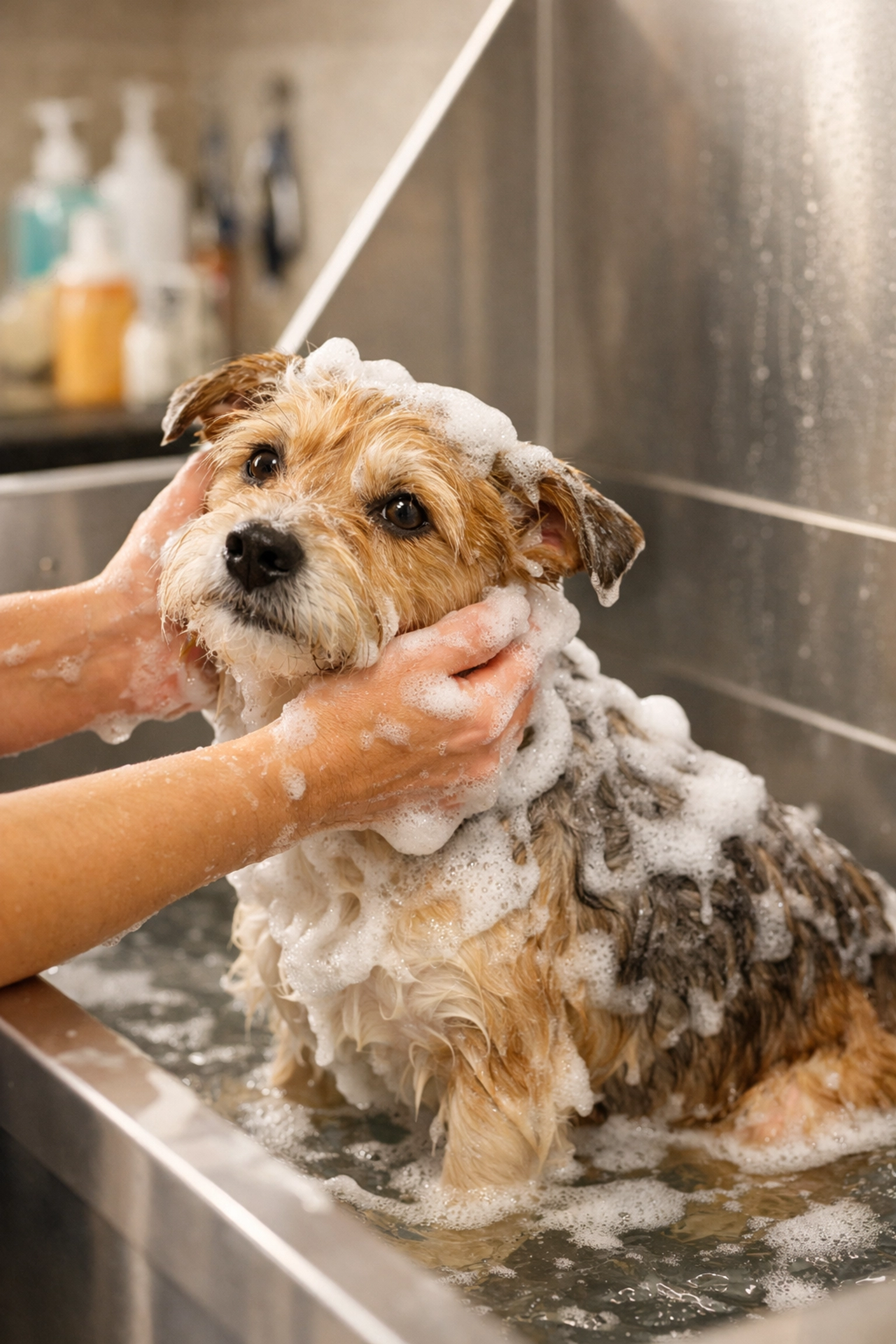 Gentle grooming for an anxious dog at a holistic pet care resort, showcasing low-stress handling techniques.