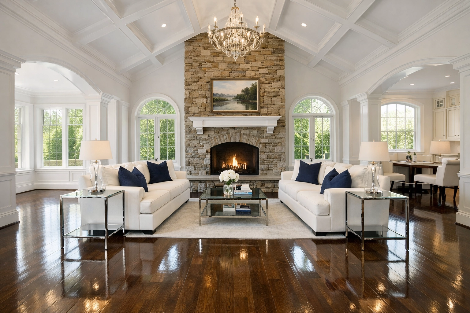 Pristine luxury residential cleaning in a Sudbury living room with polished floors and dusted surfaces.