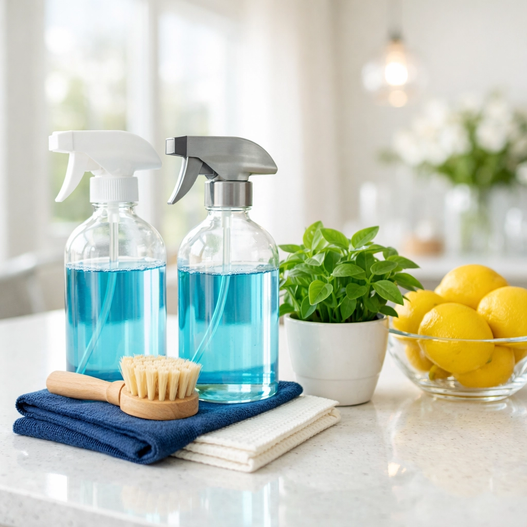Eco-friendly cleaning supplies on a polished white countertop for a healthy move-out cleaning in Boston.