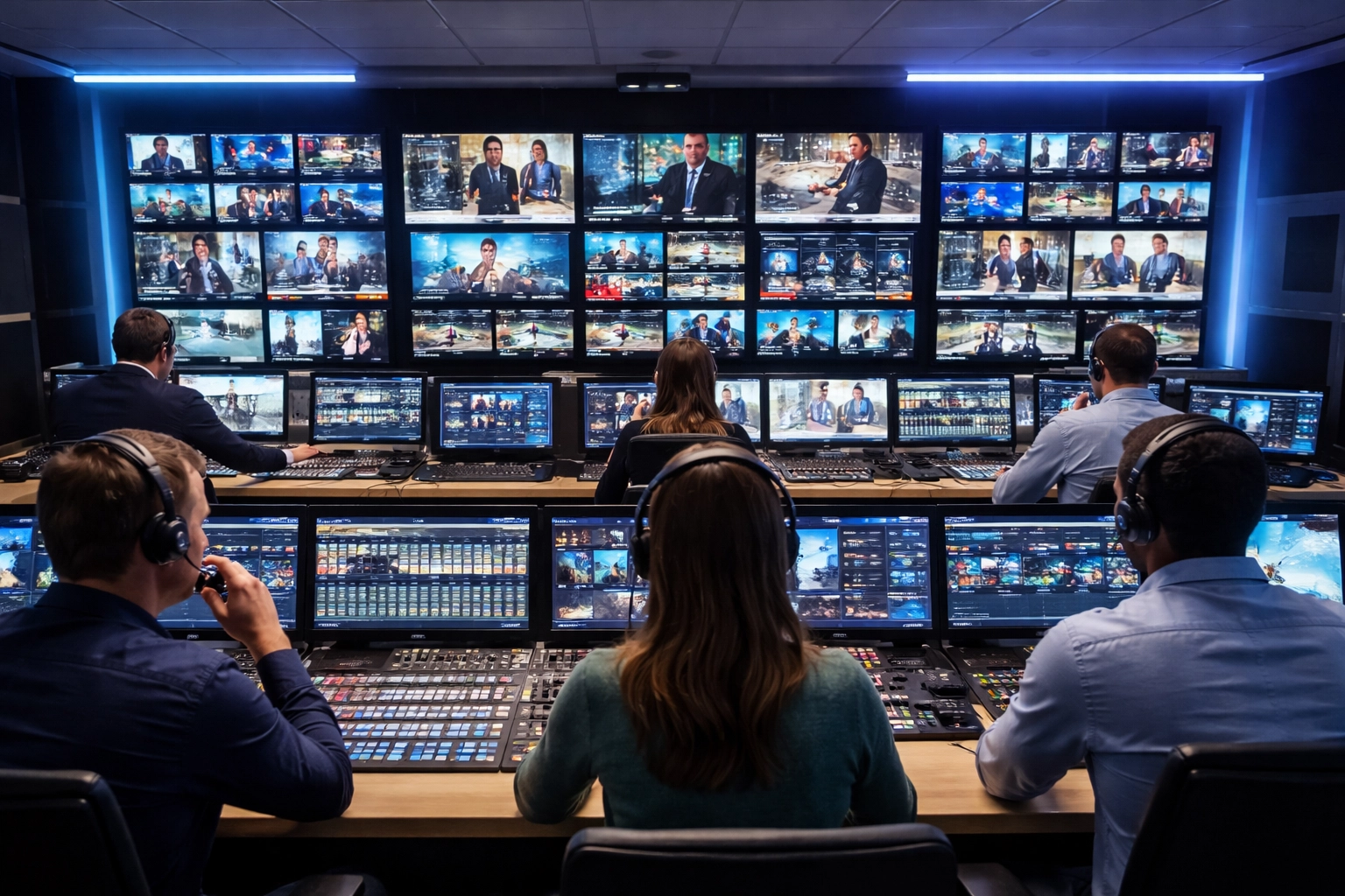 Modern TV production control room with a diverse team creating high-impact, multi-platform content