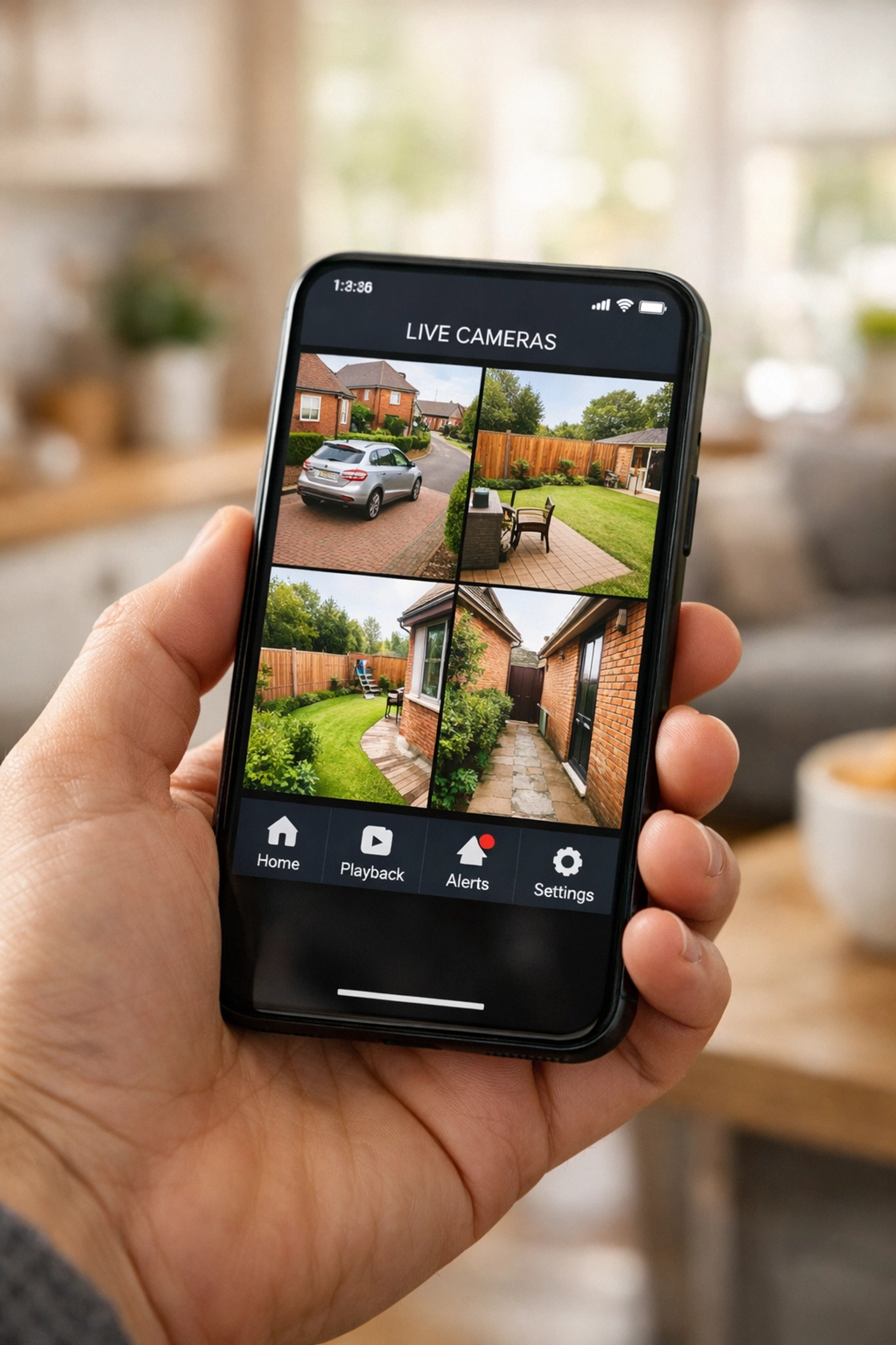 Smartphone app displaying live 4-way CCTV feeds for remote home monitoring in Bristol.