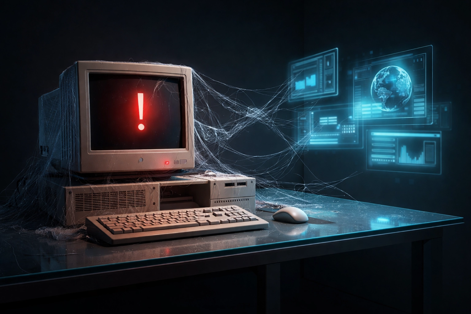 Outdated legacy computer representing technology debt and ignored security audit warnings