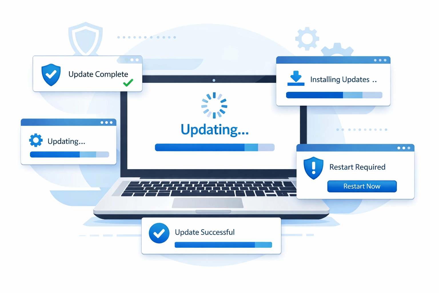 Laptop displaying software update and security patch notifications