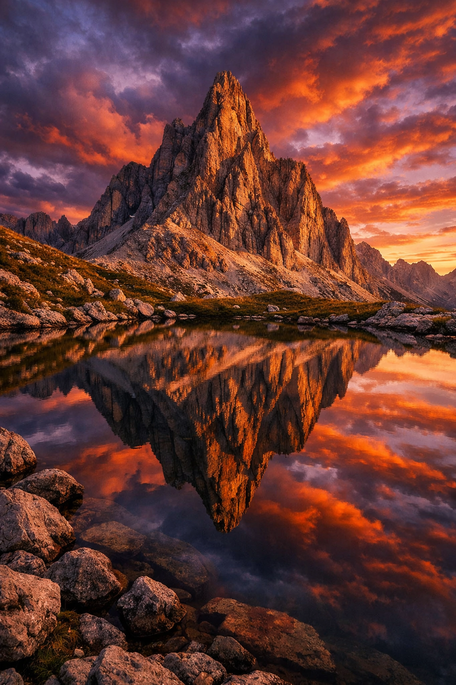 Landscape of Dolomites with a vibrant sunset replaced using Luminar Neo Sky AI reflected in a lake.