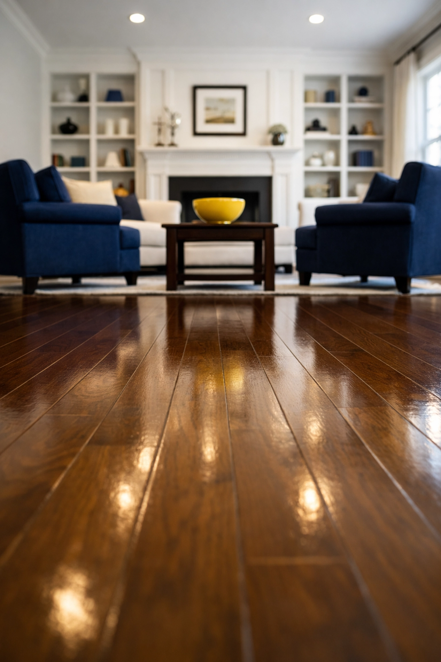 Pristine Leominster residential living room with streak-free hardwood floors and a clutter-free aesthetic.