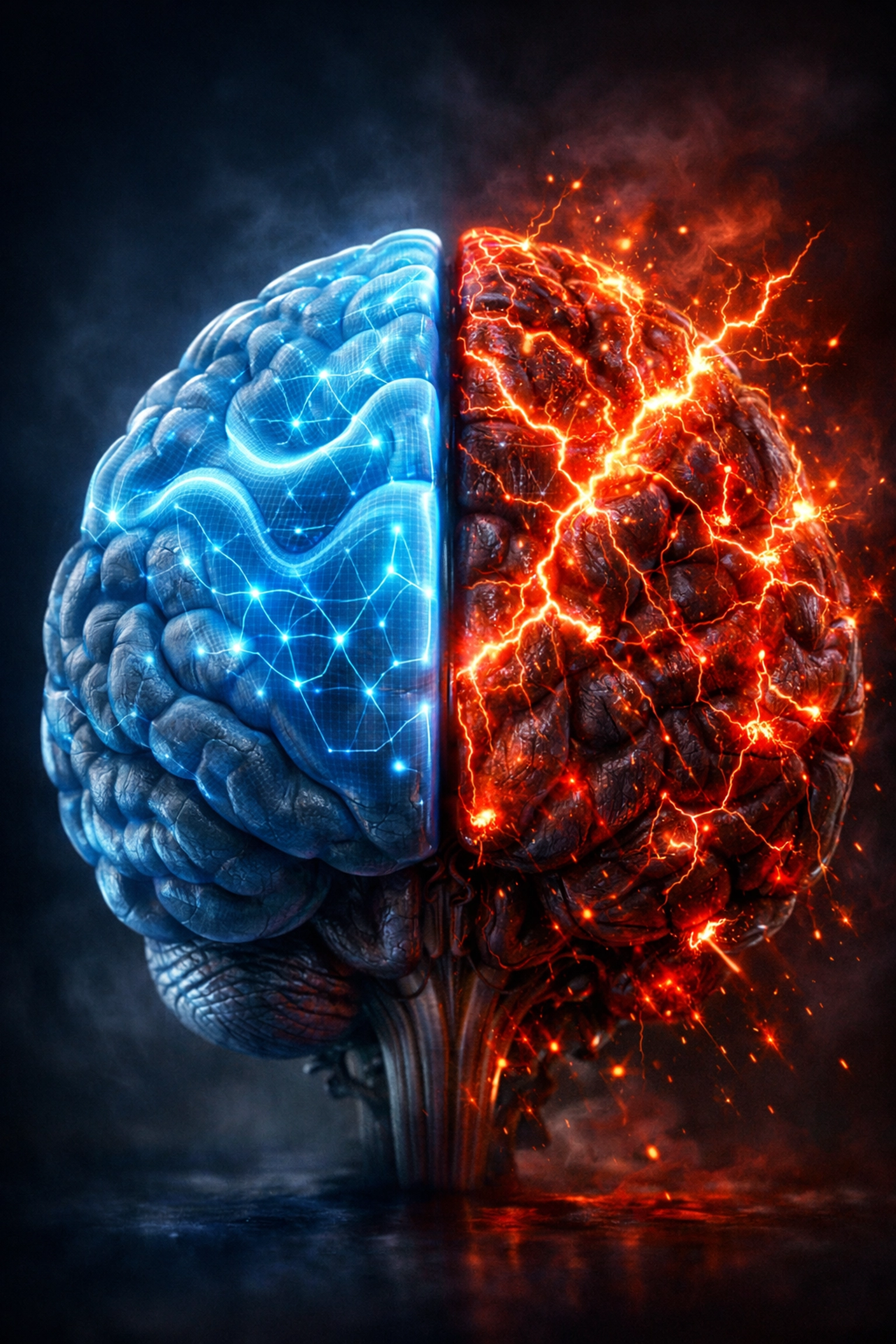 Visual comparison of a brain in a focused flow state versus a stressed frenzy state for deep work.