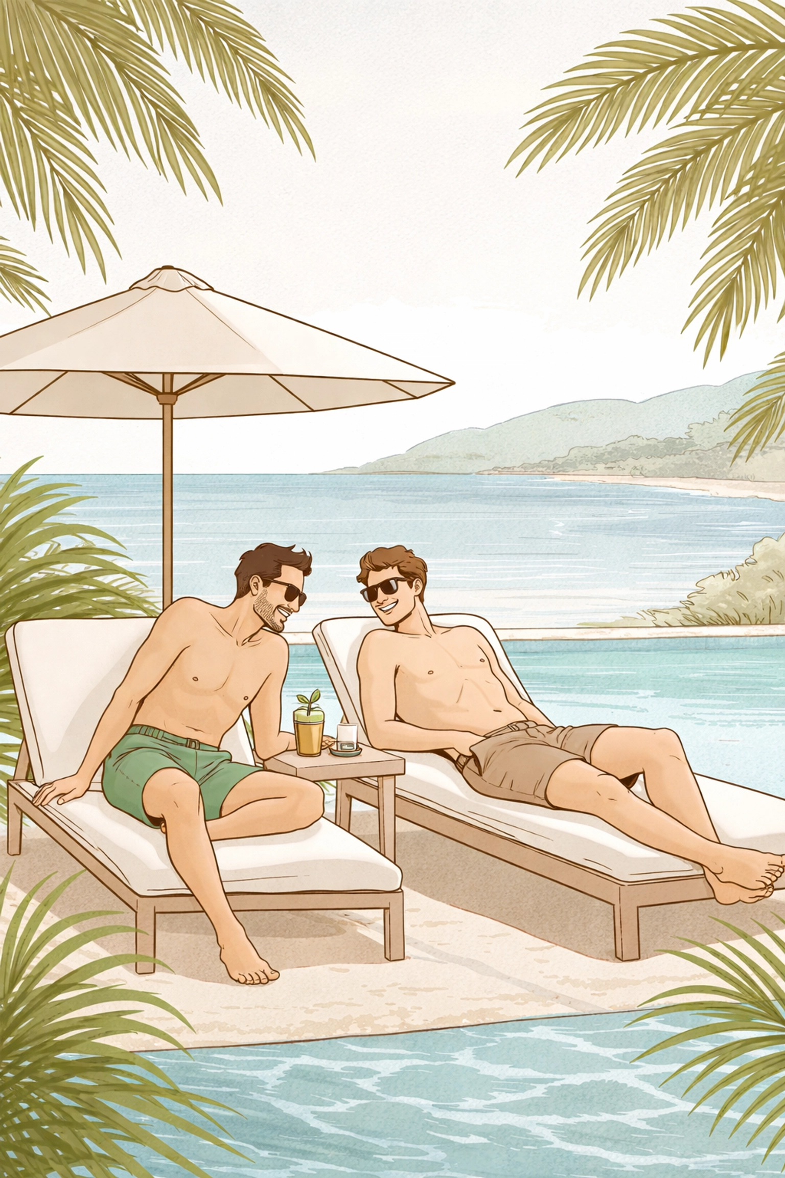 Two men relaxing poolside at Valalta Resort in Croatia with the Adriatic Sea behind, highlighting a popular family-friendly nudist destination.