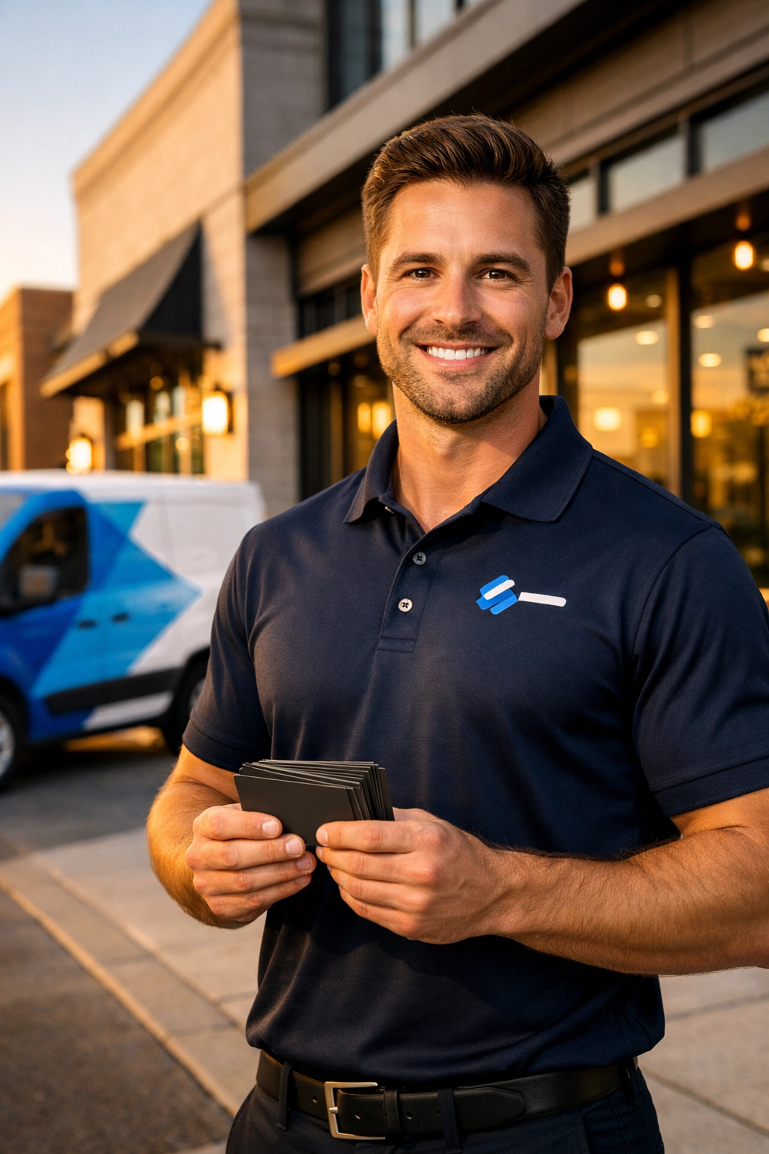 A DFW entrepreneur showcasing professional branded polos, business cards, and a partial vehicle wrap.