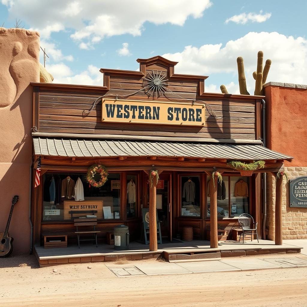 Classic Western storefront with rustic wooden facade, wagon wheel décor, and prominent