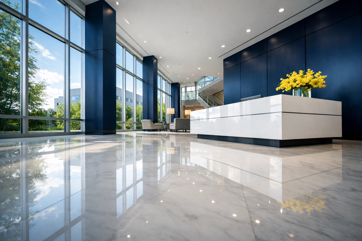 Pristine Needham, MA office lobby with mirrored marble floors showcasing professional janitorial standards.