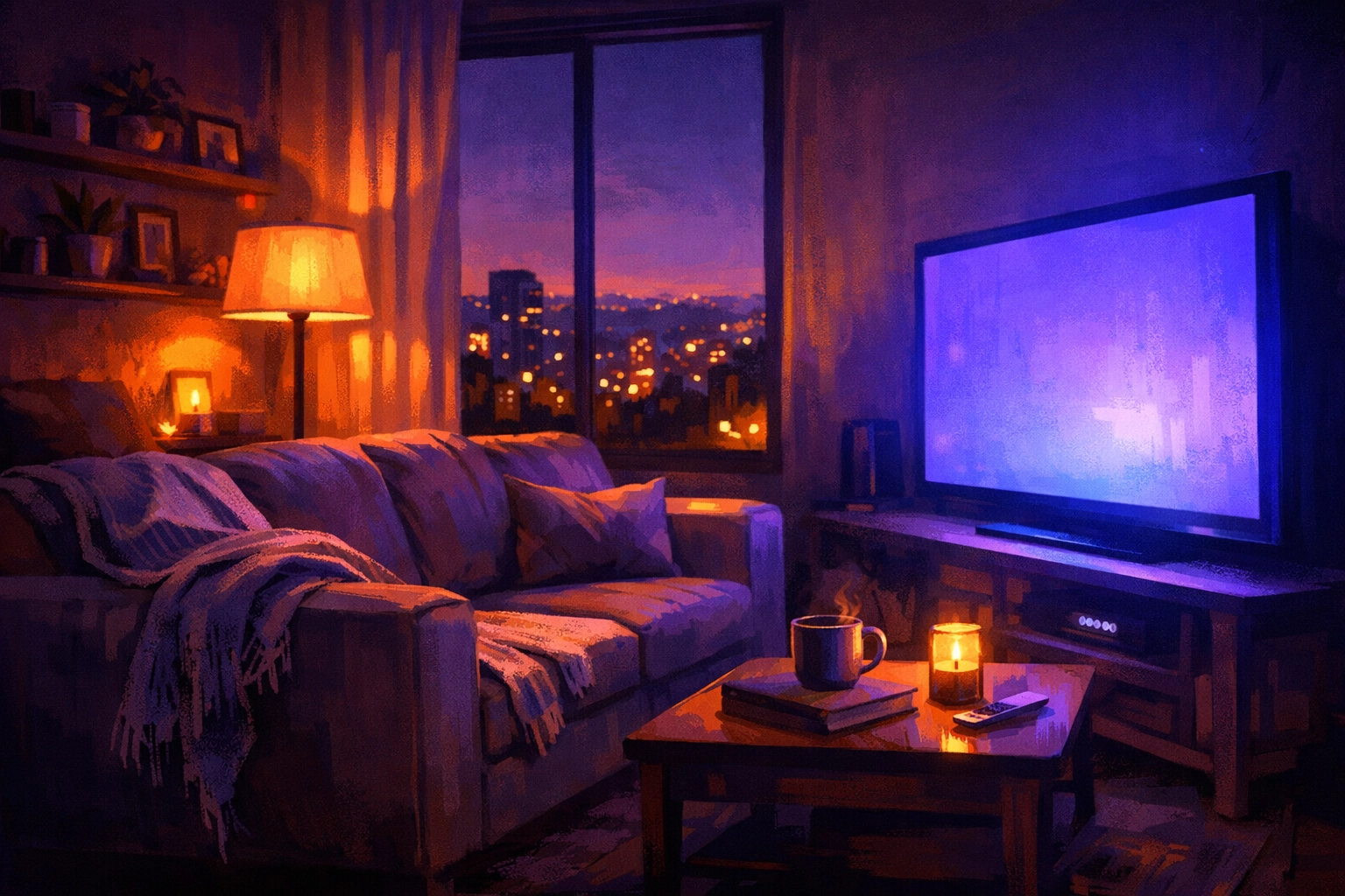 Evening living room scene depicting quiet comfort and end-of-day relaxation at home