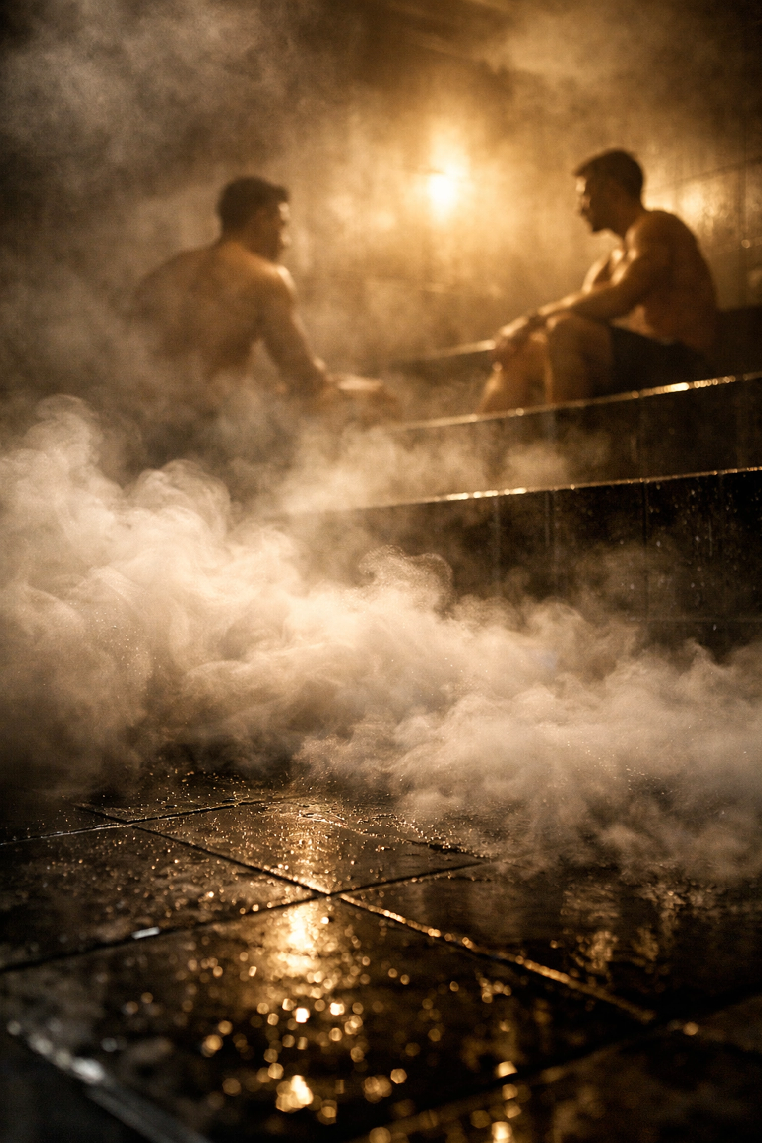 Atmospheric steam room interior showing attraction between men in luxury gym setting