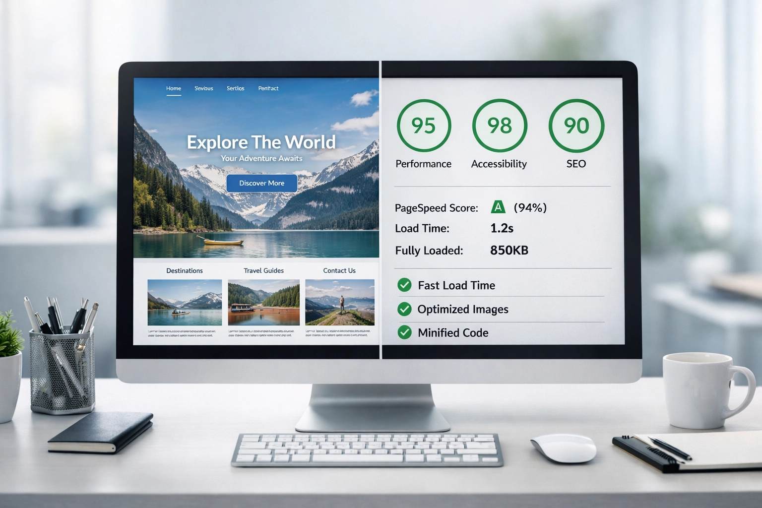 Desktop computer showing website performance optimization metrics and PageSpeed results