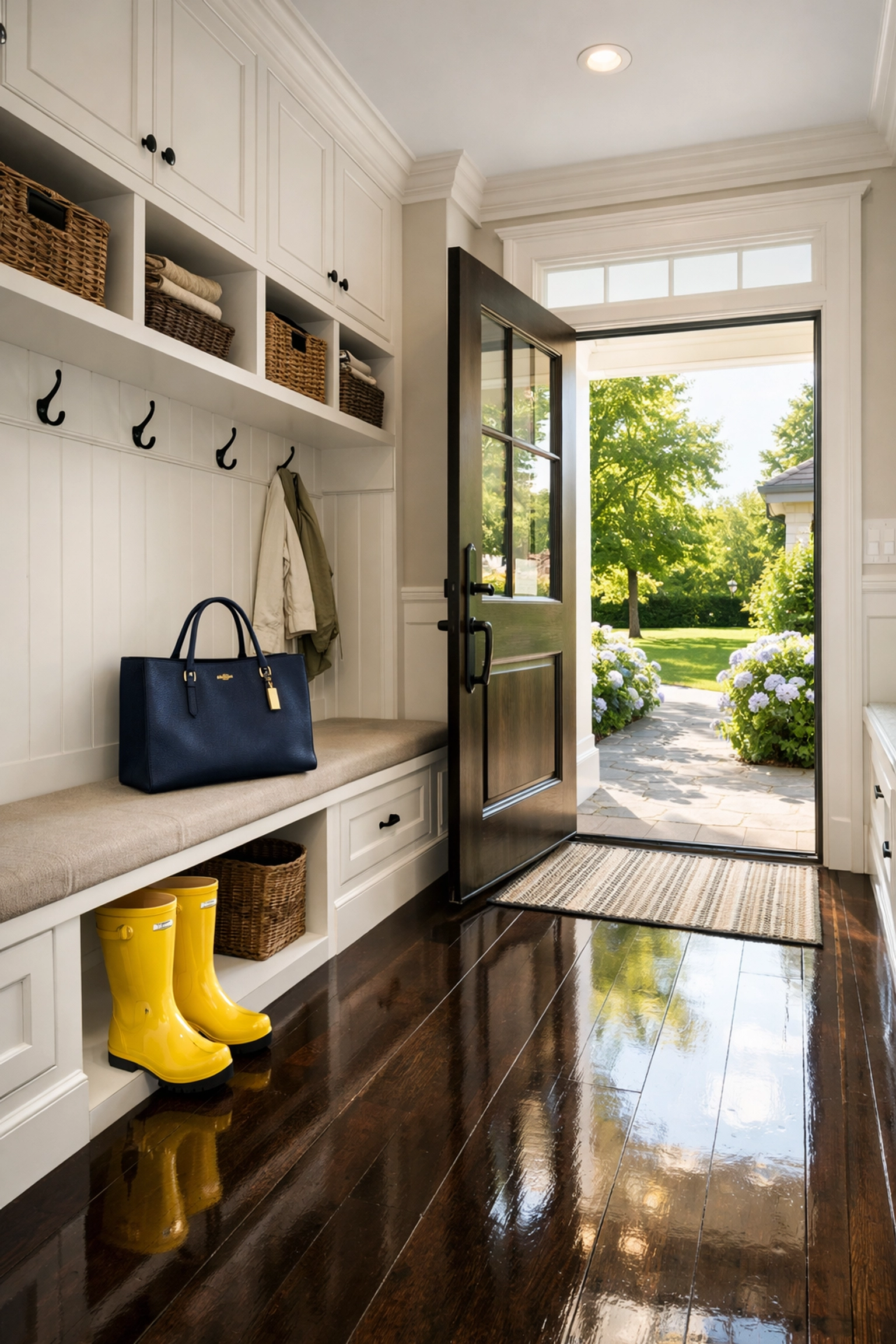 Perfectly organized Dover home entryway highlighting premium residential cleaning Massachusetts results and care.