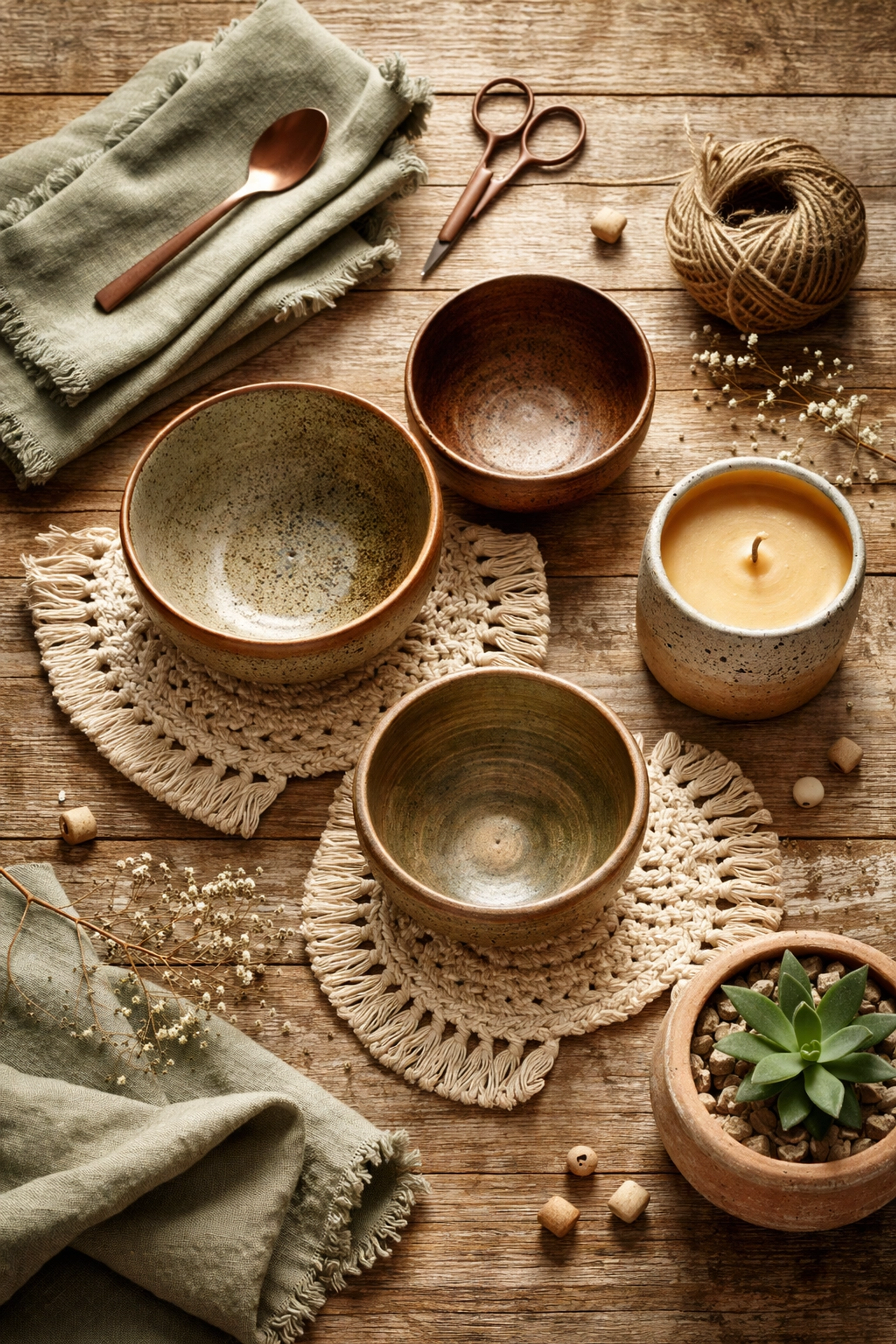 Flat lay display of handmade pottery, beeswax candle, and rustic decor items on wood surface for artisan home personalization