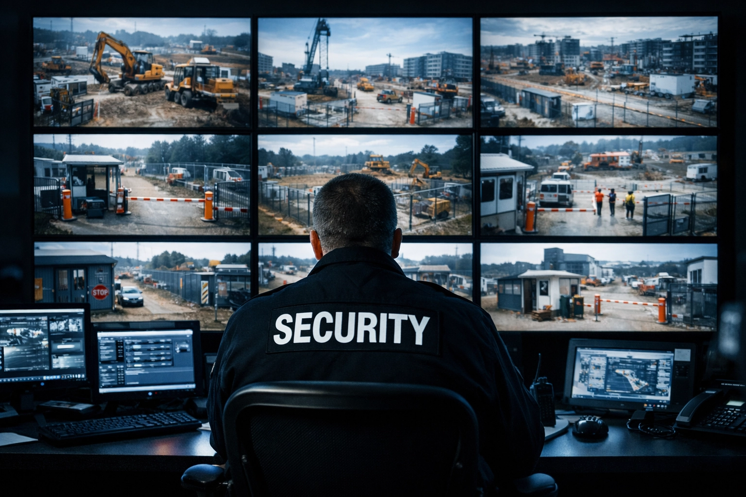 Security monitoring center with live construction site surveillance camera feeds