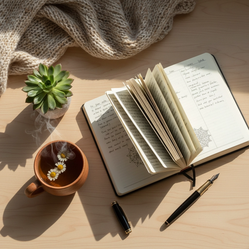 “Minimalist scene showing a notebook, pen, and cup of tea on a clean table, with a green plant in natural daylight, evoking calm and tech-free mindfulness.”