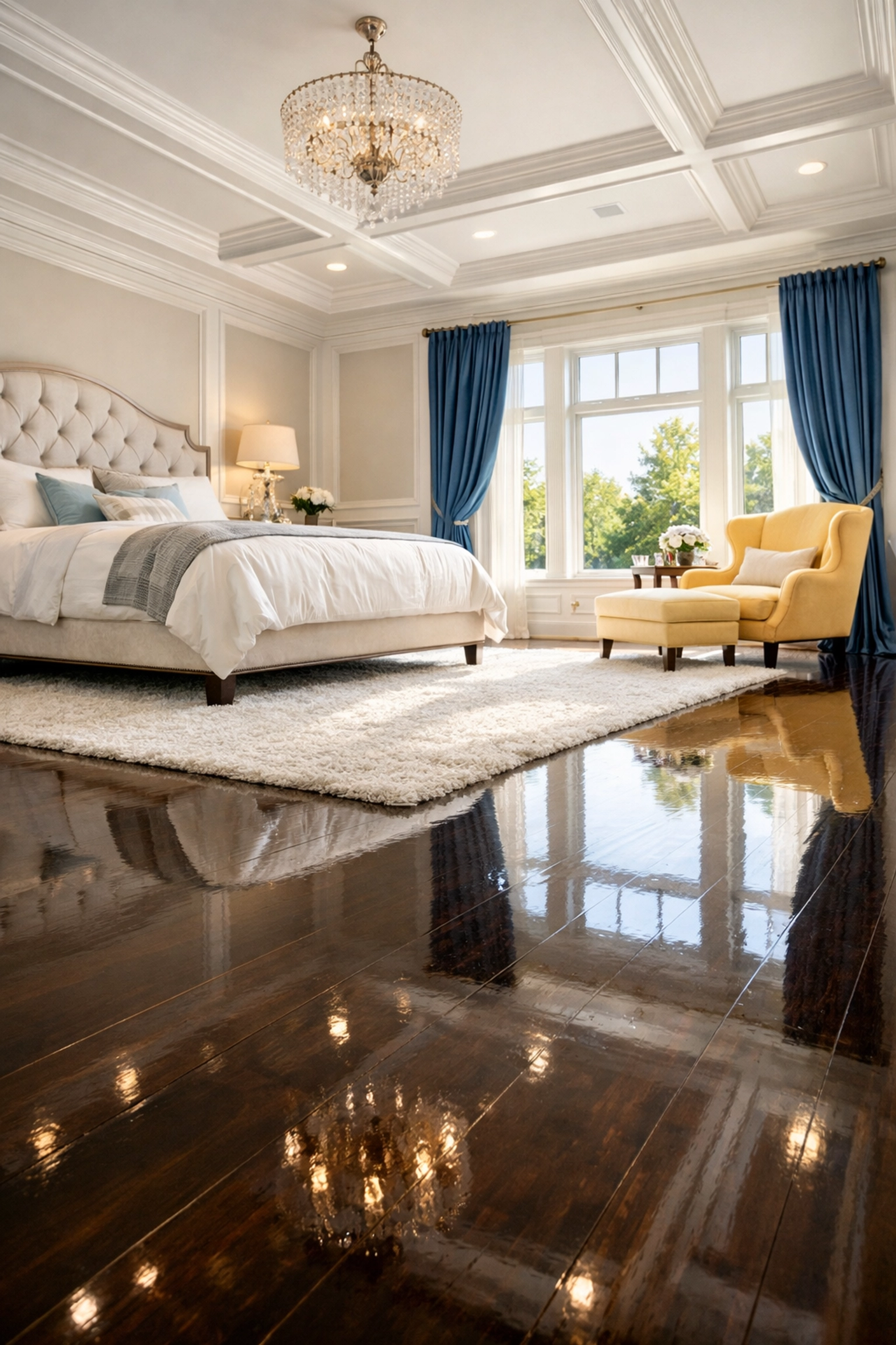 Spotless bedroom with mirror-finish walnut floors, a result of luxury house cleaning in Marblehead.