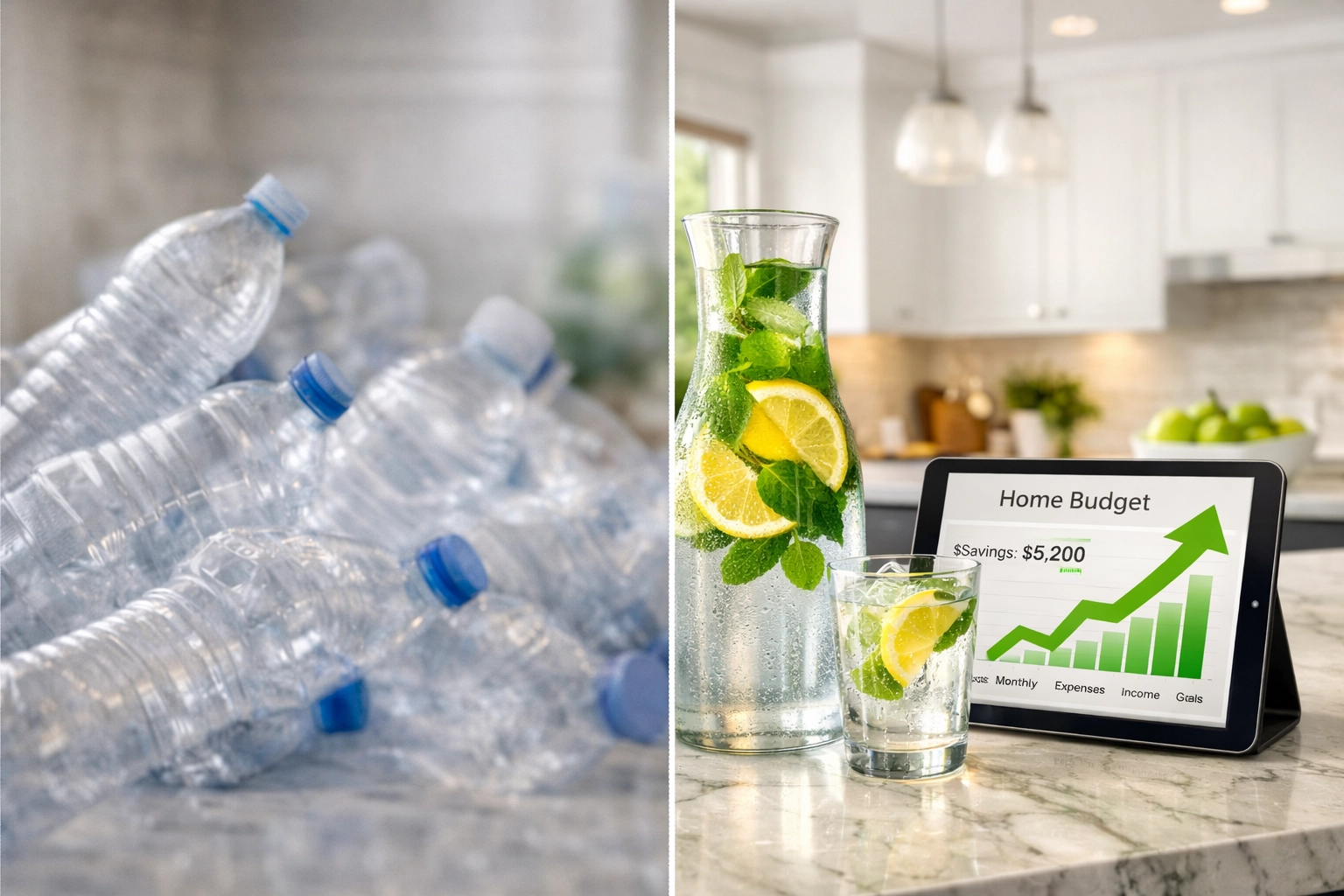 A glass carafe of filtered water on a kitchen island, representing savings over plastic bottles.