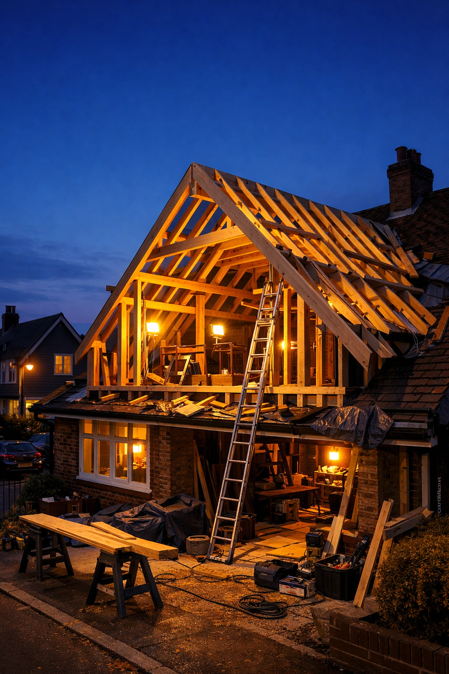 Structural timber frame of a West Sussex loft conversion project at dusk showing major construction.