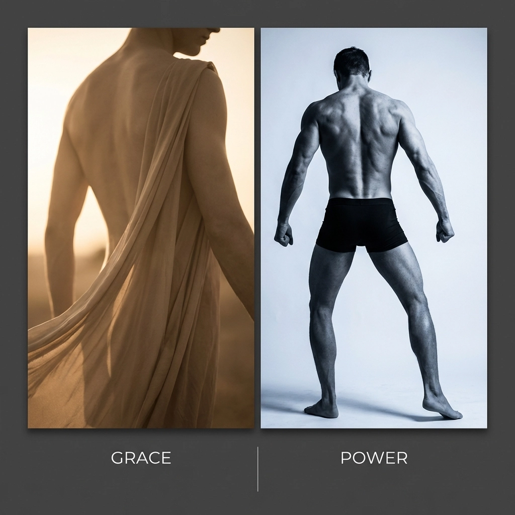 Artistic comparison of two male body types contrasting a slender, soft posterior with muscular definition.