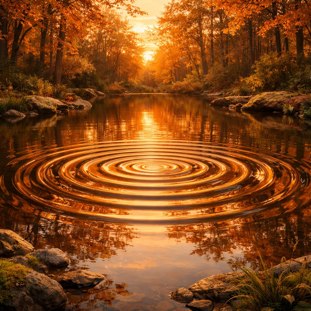 Ripples on a forest pond during sunset, symbolizing a shift in frequency and emotional healing.