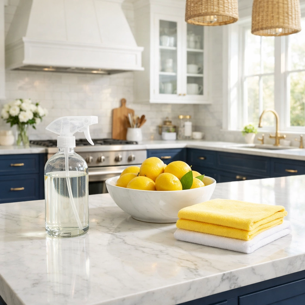 Eco-friendly residential cleaning Massachusetts supplies on a luxury Dover marble kitchen island.