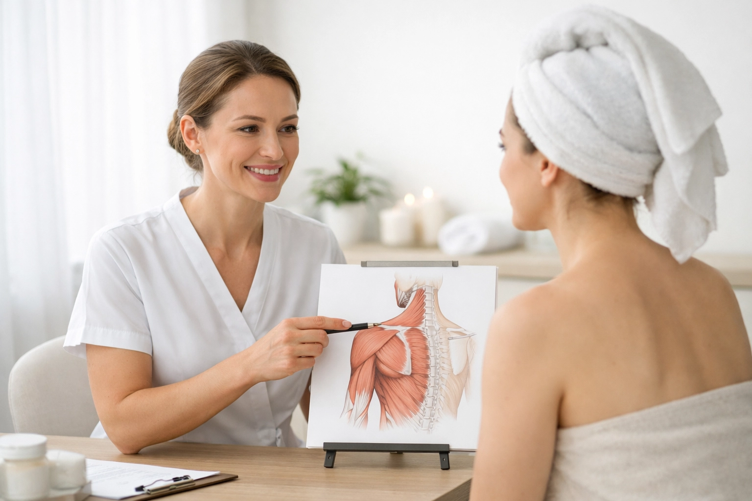 One-on-one consultation in a clinical spa setting to plan targeted pain relief care