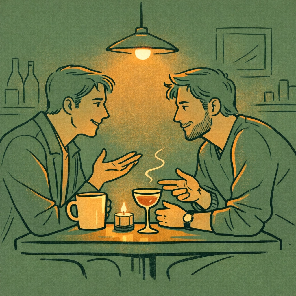 Two men in deep conversation at late-night café - emotional connection in gay relationship